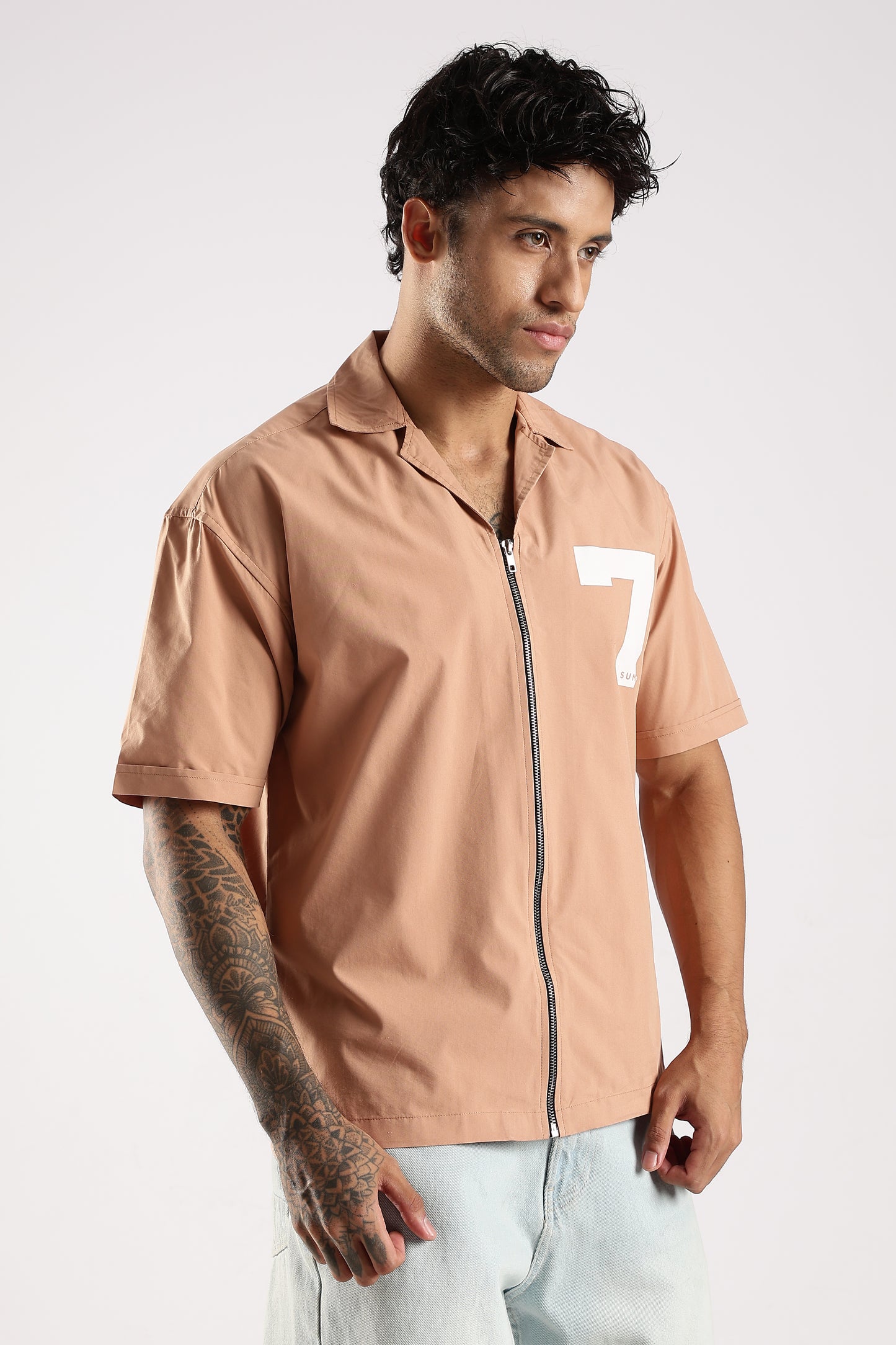 Poly Cotton Slim Fit Zip-Up Shirt Peach