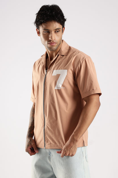 Cotton Slim Fit Zip-Up Shirt Peach