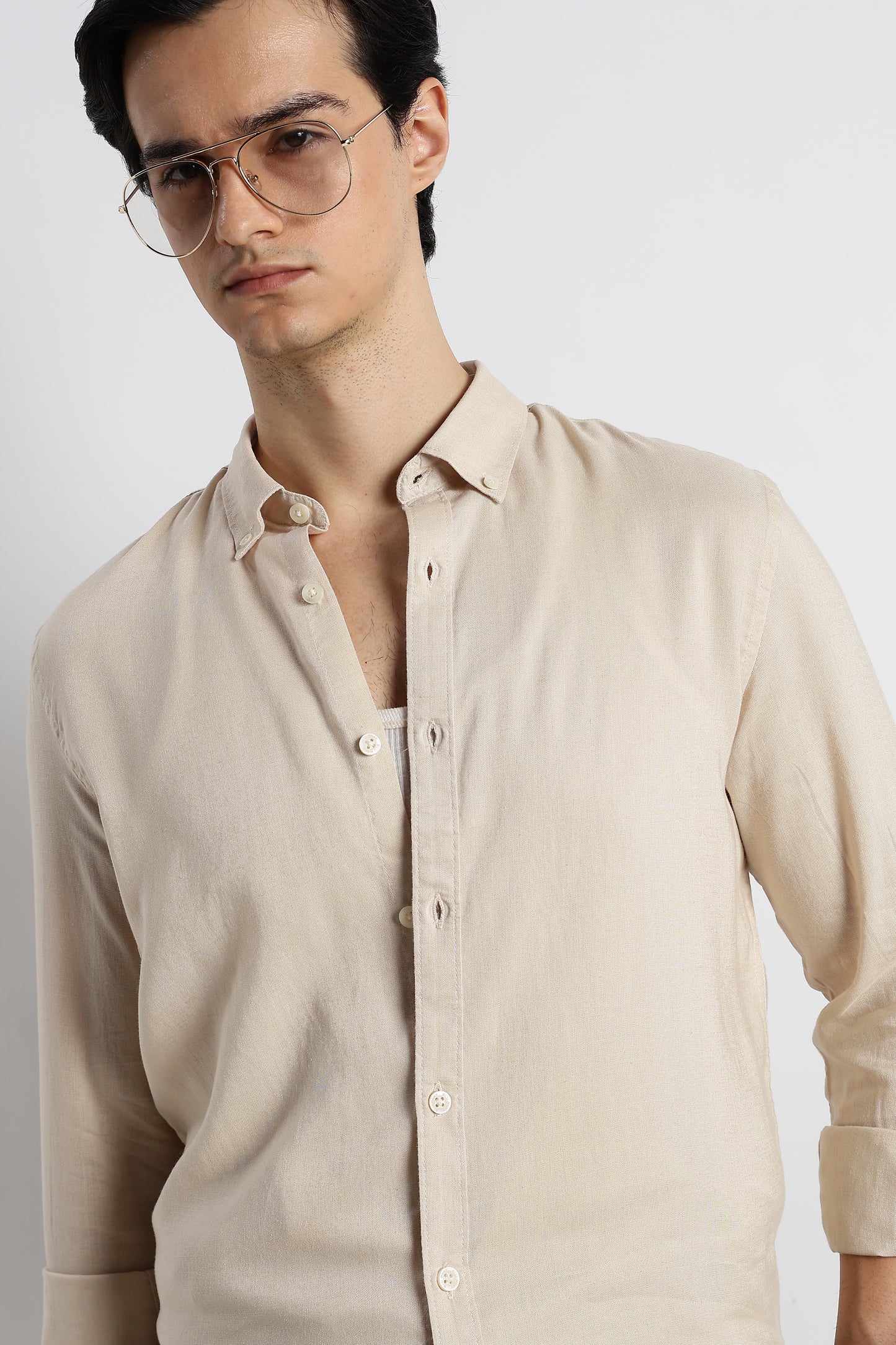 Minimal Cotton-Linen Shirt Beige