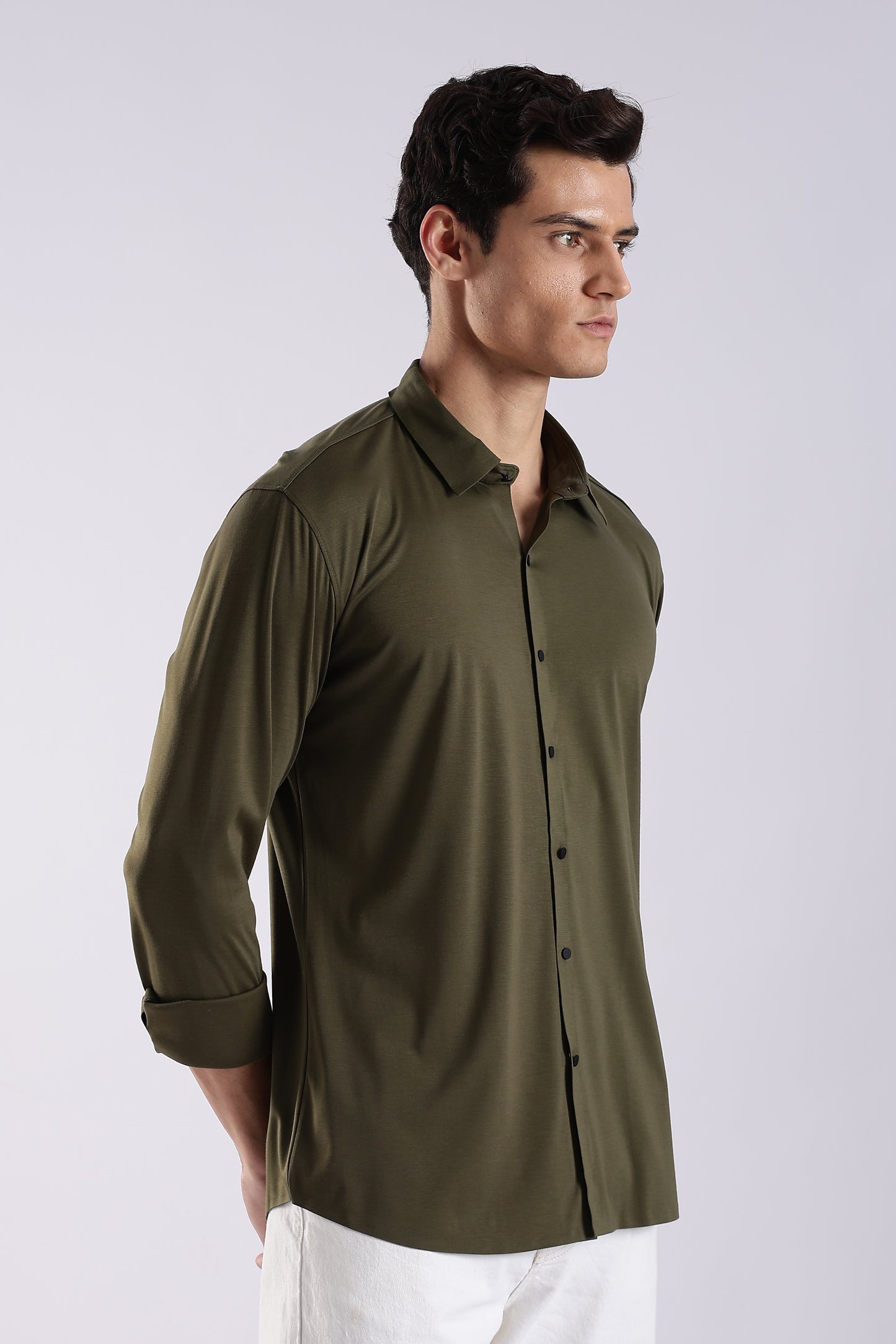 Knitted Tencel Stichless Finish Shirt Olive