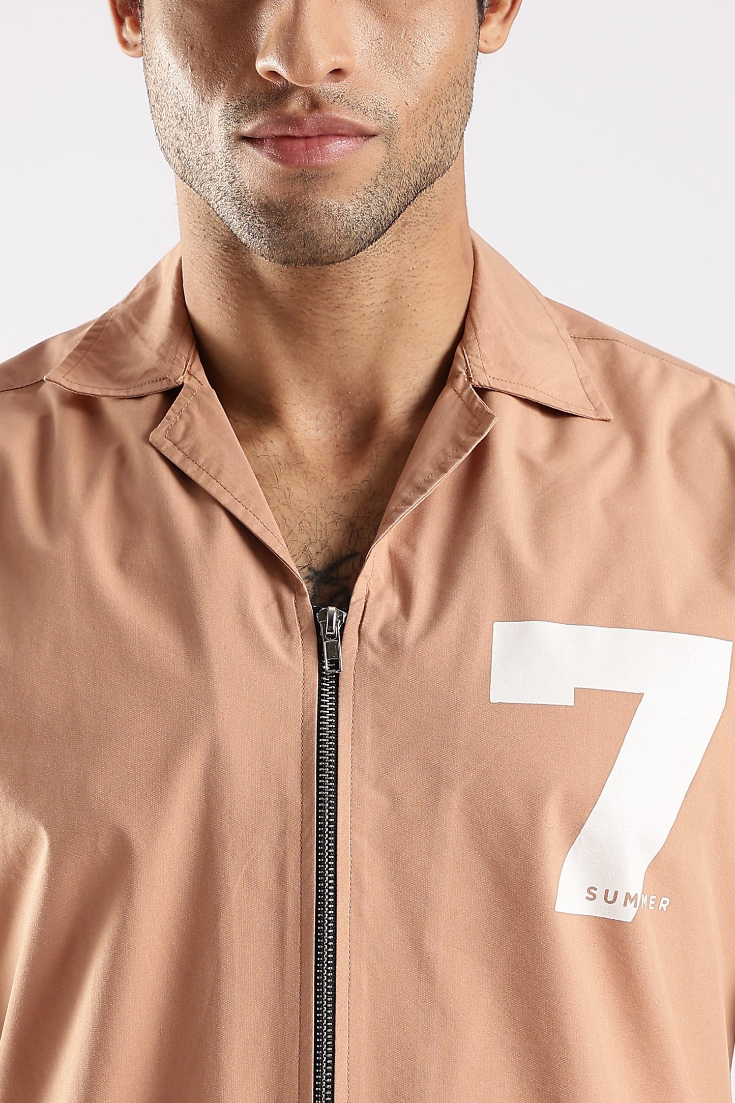 Poly Cotton Slim Fit Zip-Up Shirt Peach