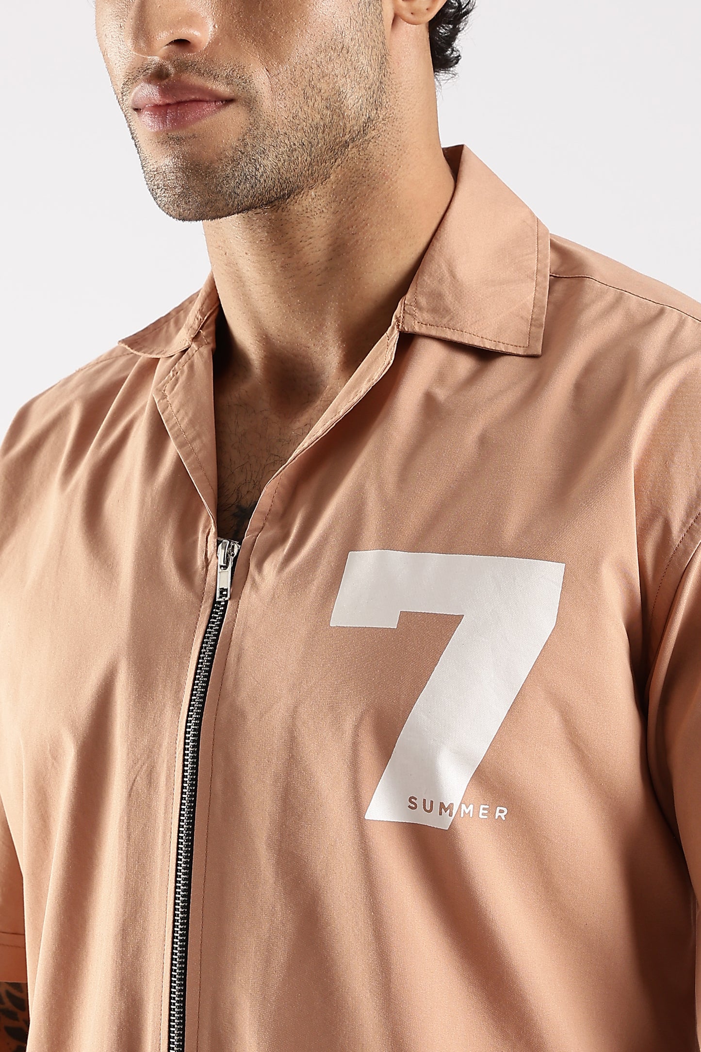 Poly Cotton Slim Fit Zip-Up Shirt Peach