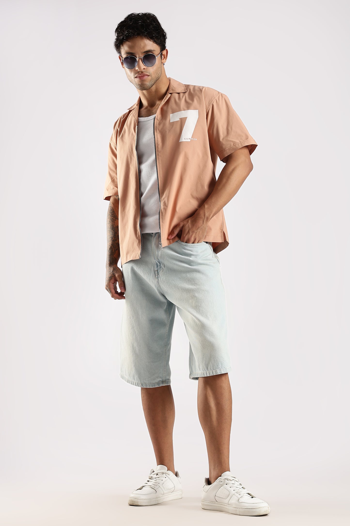 Poly Cotton Slim Fit Zip-Up Shirt Peach