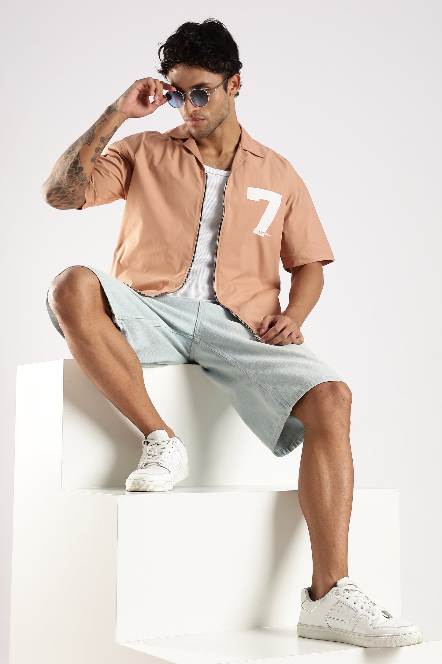 Poly Cotton Slim Fit Zip-Up Shirt Peach