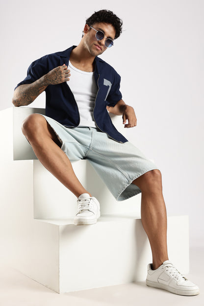 Cotton Slim Fit Zip-Up Shirt Navy