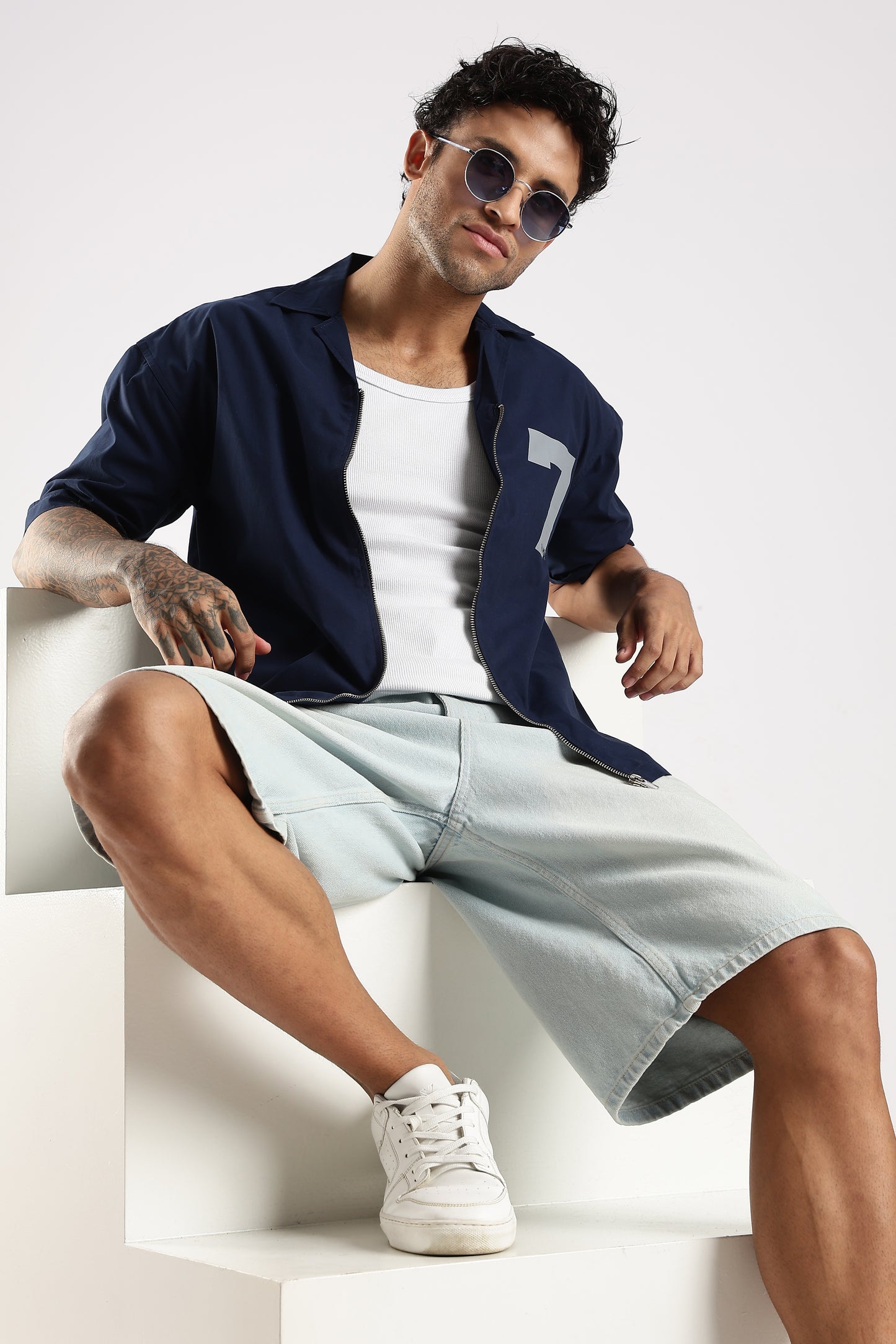 Poly Cotton Slim Fit Zip-Up Shirt Navy