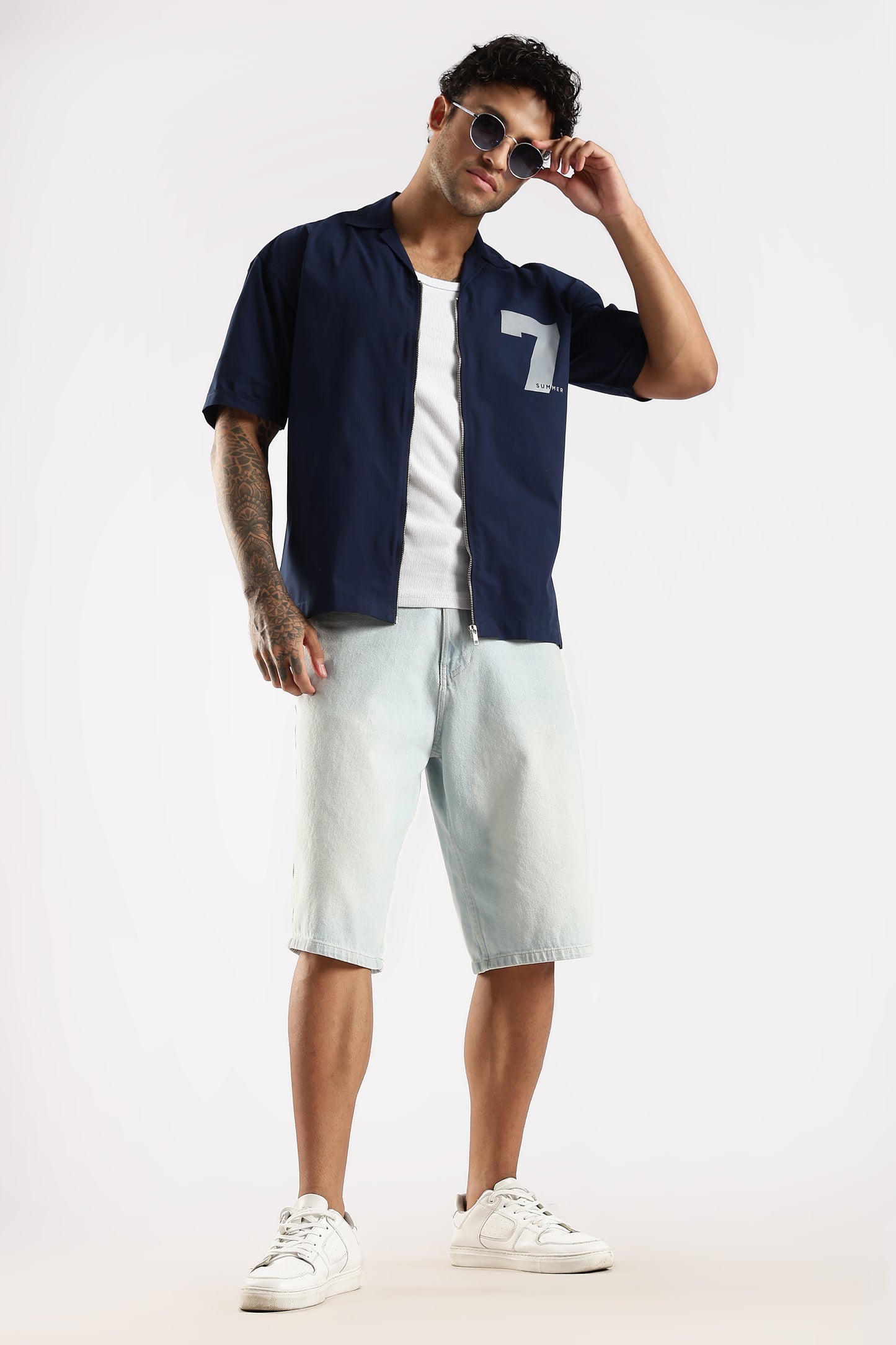 Poly Cotton Slim Fit Zip-Up Shirt Navy