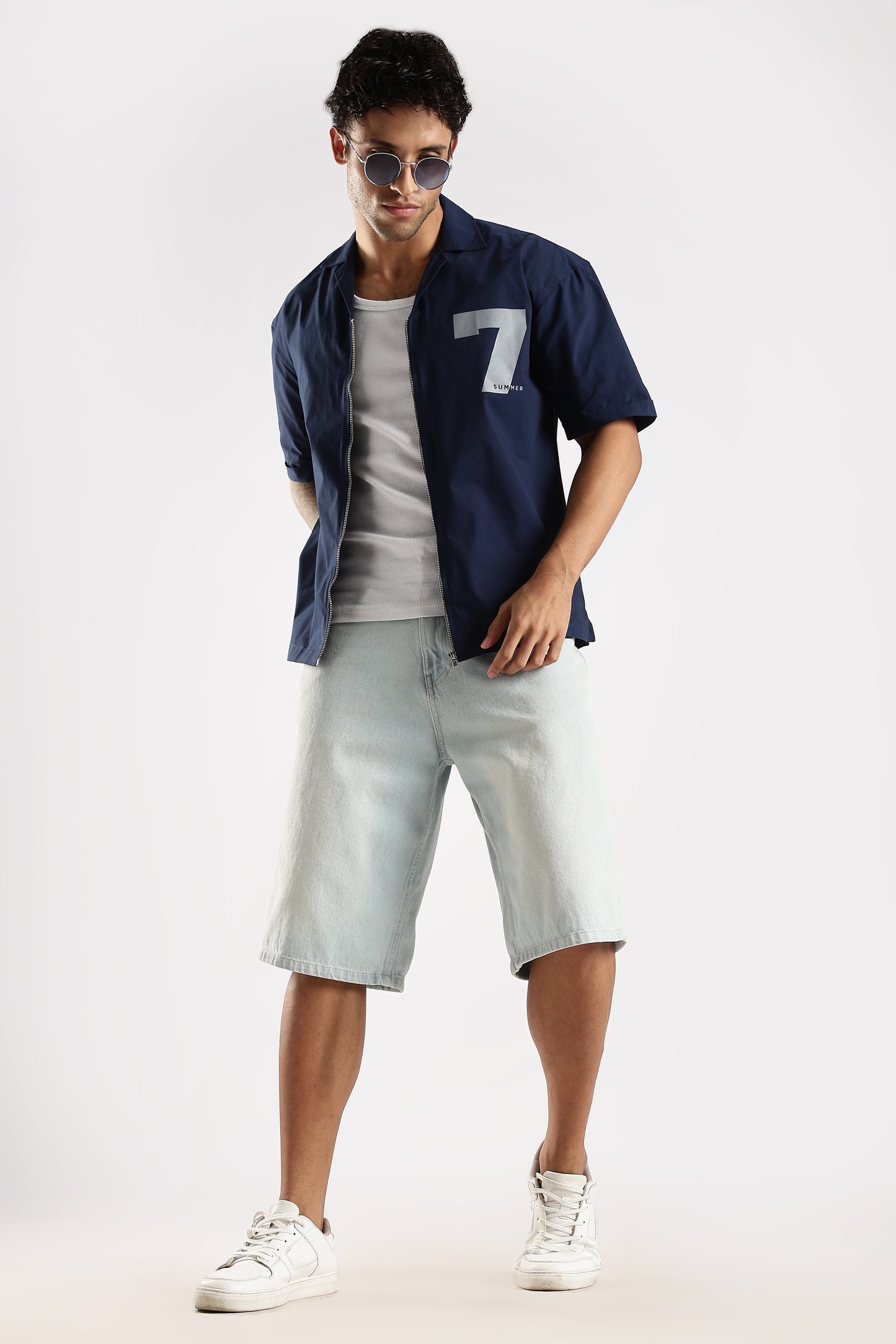 Poly Cotton Slim Fit Zip-Up Shirt Navy