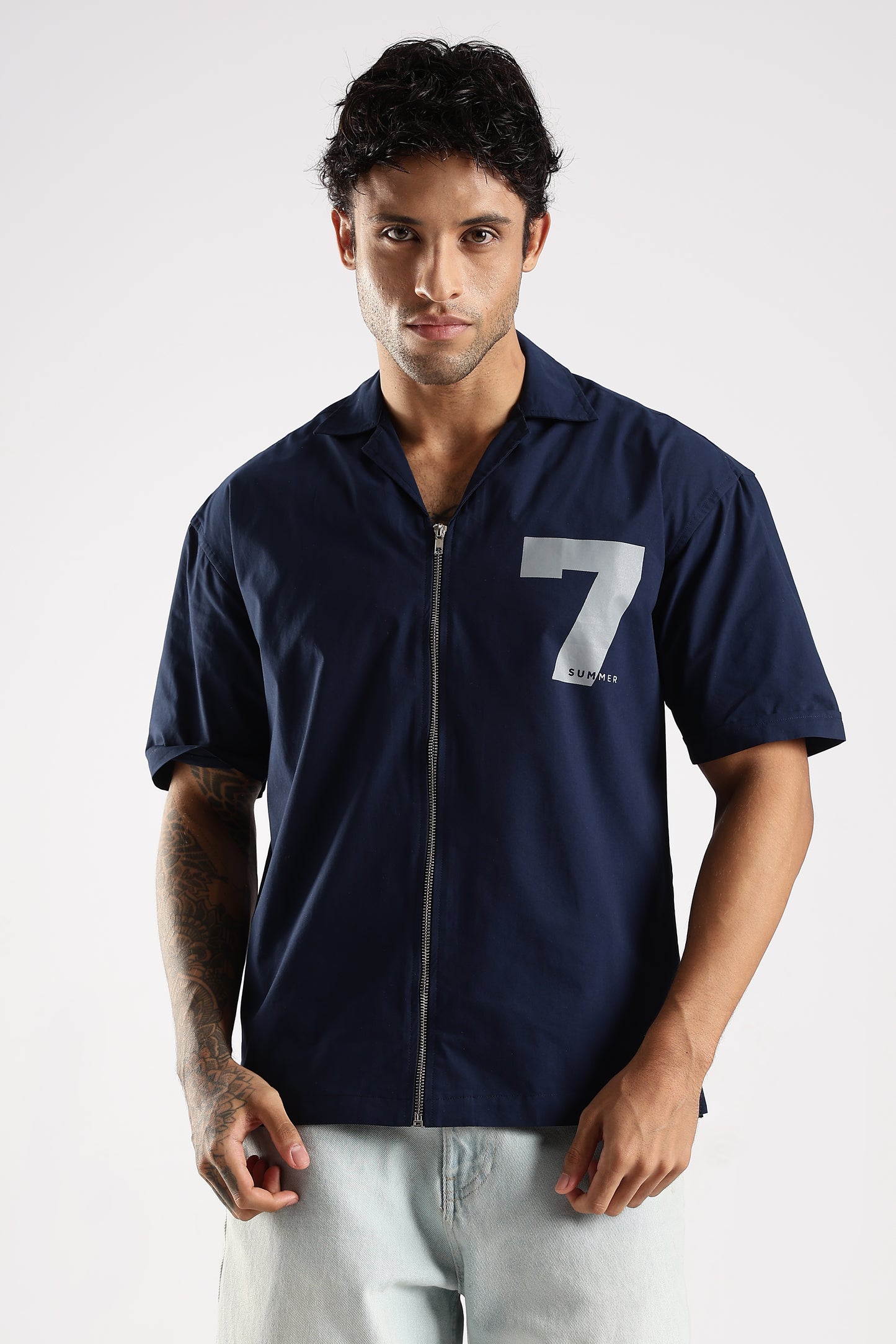 Poly Cotton Slim Fit Zip-Up Shirt Navy