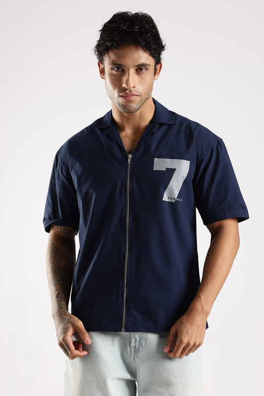 Cotton Slim Fit Zip-Up Shirt Navy