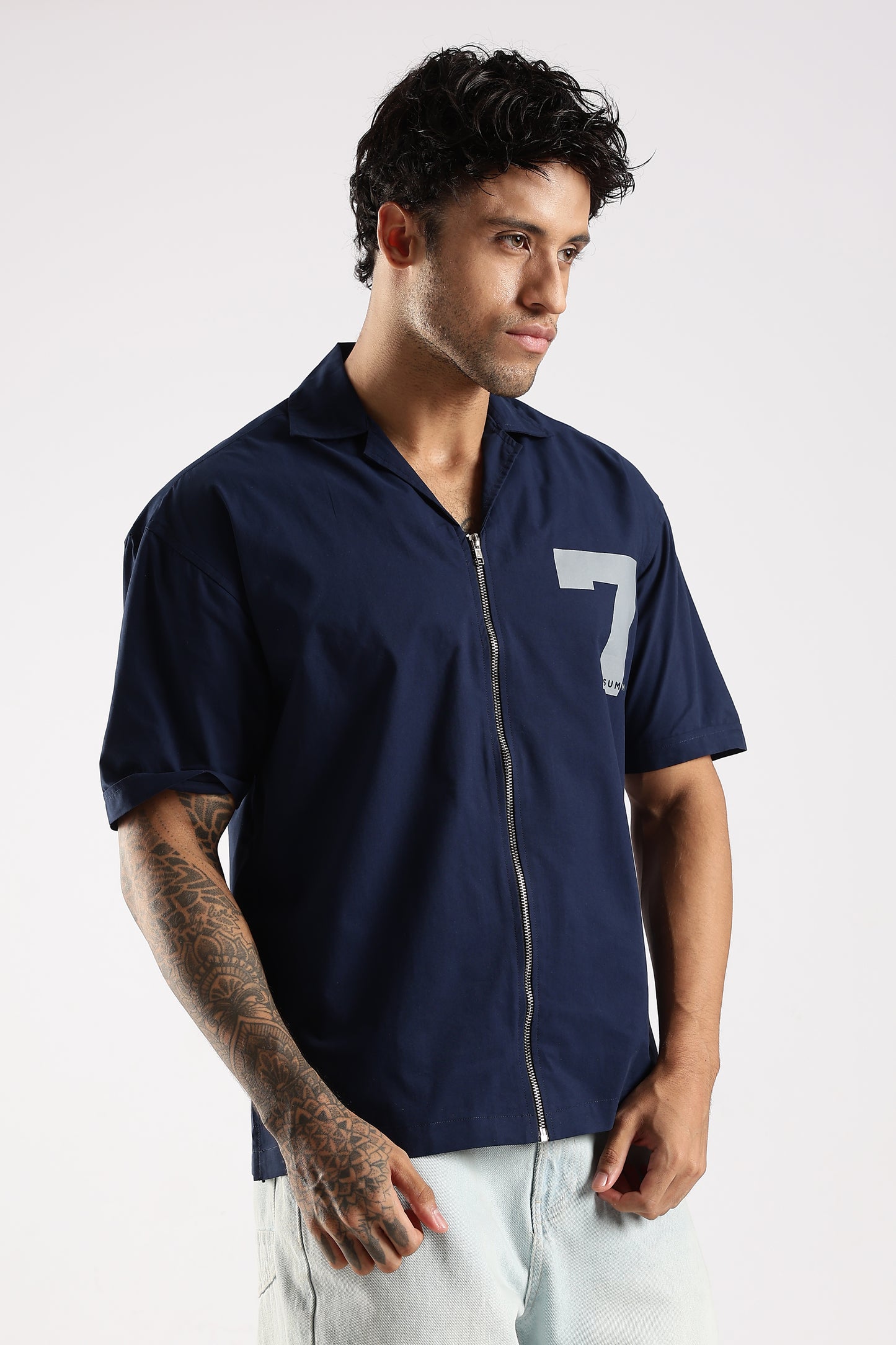 Poly Cotton Slim Fit Zip-Up Shirt Navy