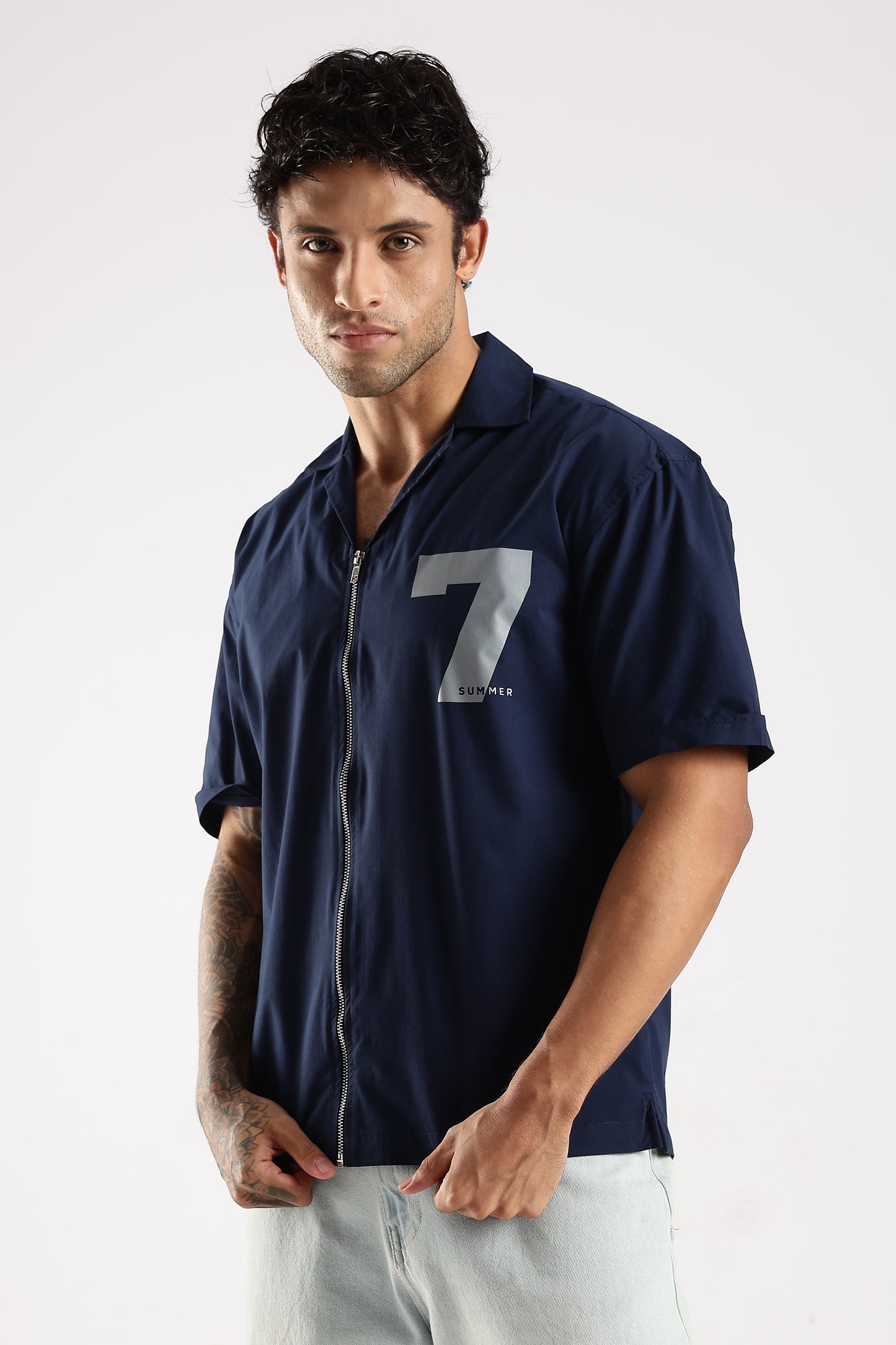Poly Cotton Slim Fit Zip-Up Shirt Navy