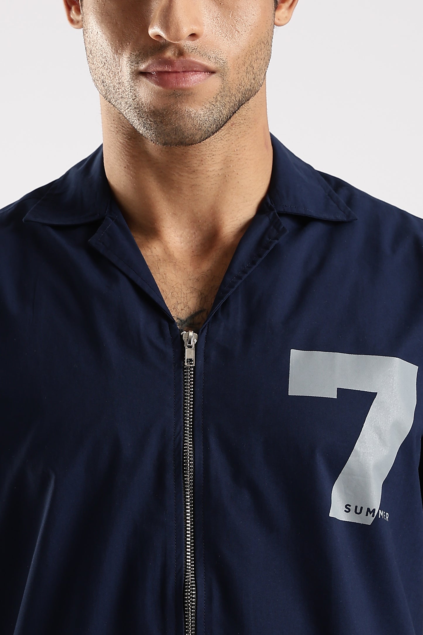 Poly Cotton Slim Fit Zip-Up Shirt Navy