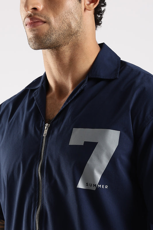 Cotton Slim Fit Zip-Up Shirt Navy