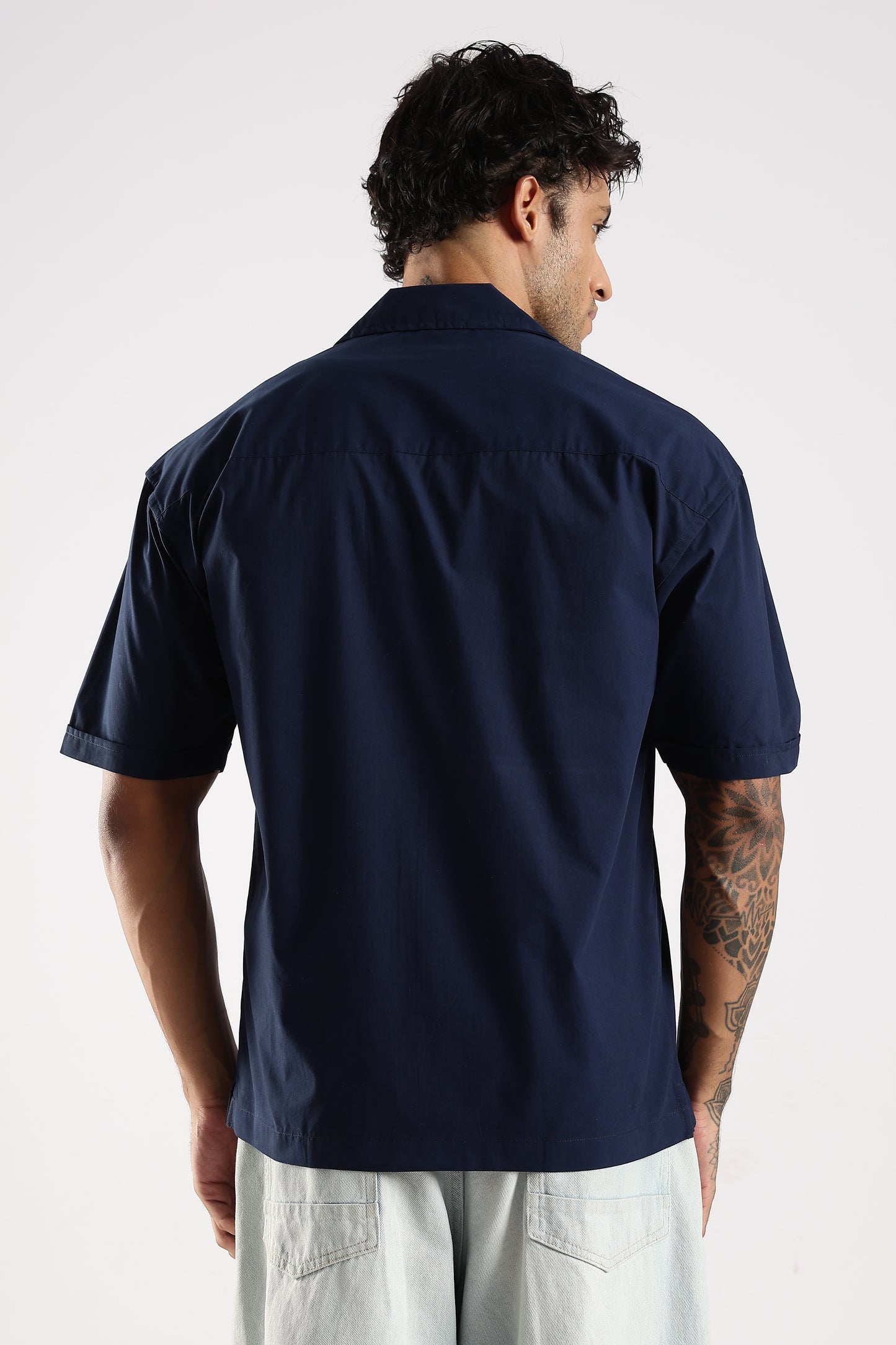 Poly Cotton Slim Fit Zip-Up Shirt Navy