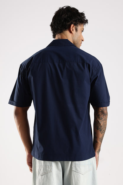 Cotton Slim Fit Zip-Up Shirt Navy