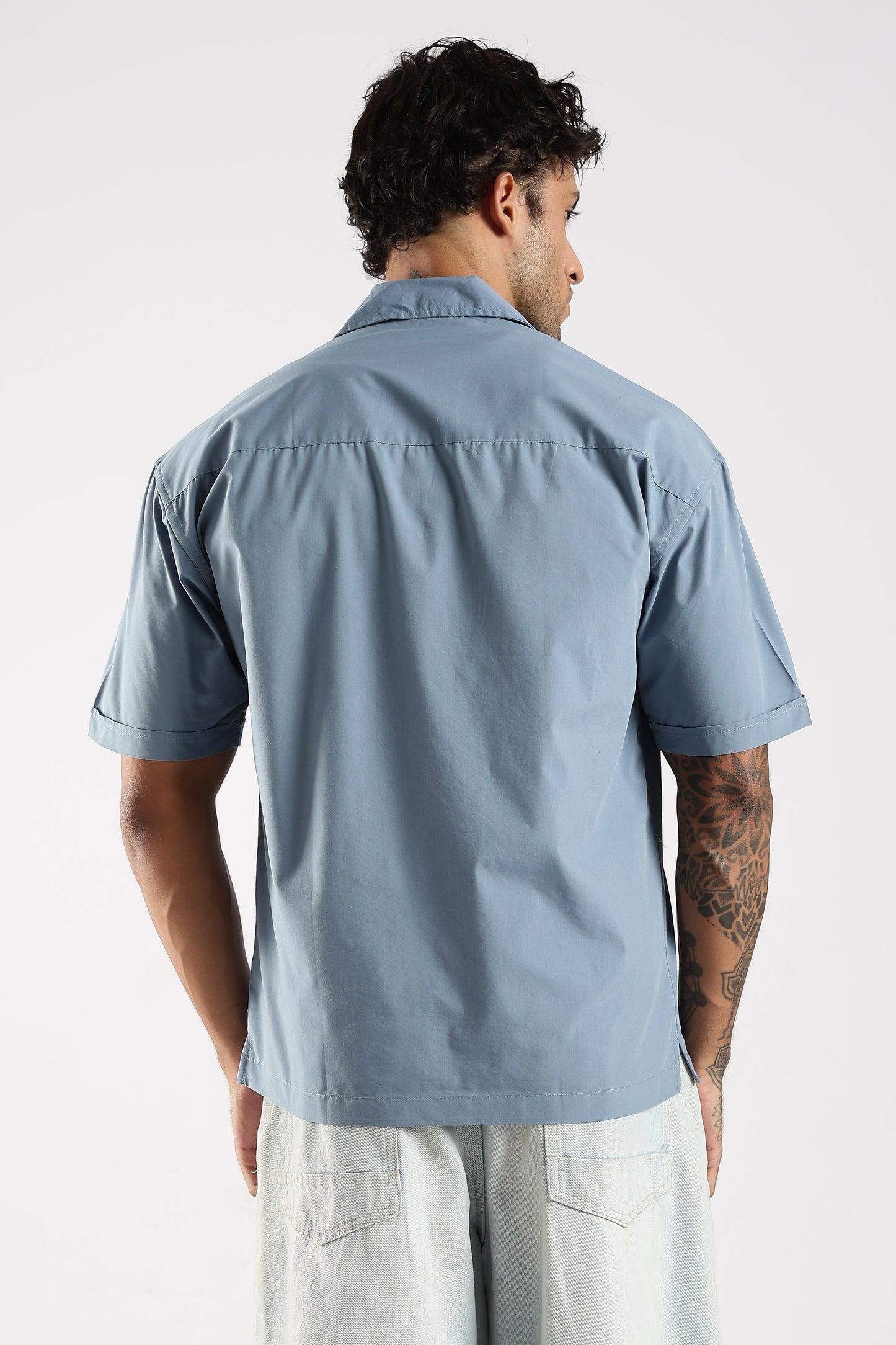 Poly Cotton Slim Fit Zip-Up Shirt Blue
