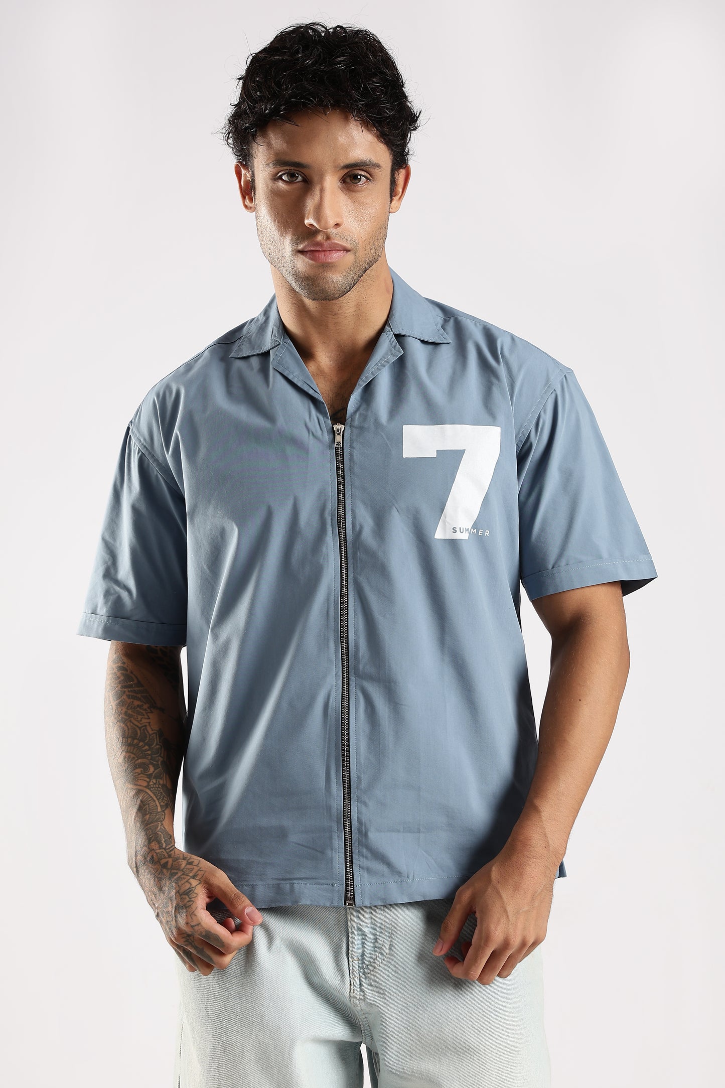 Poly Cotton Slim Fit Zip-Up Shirt Blue