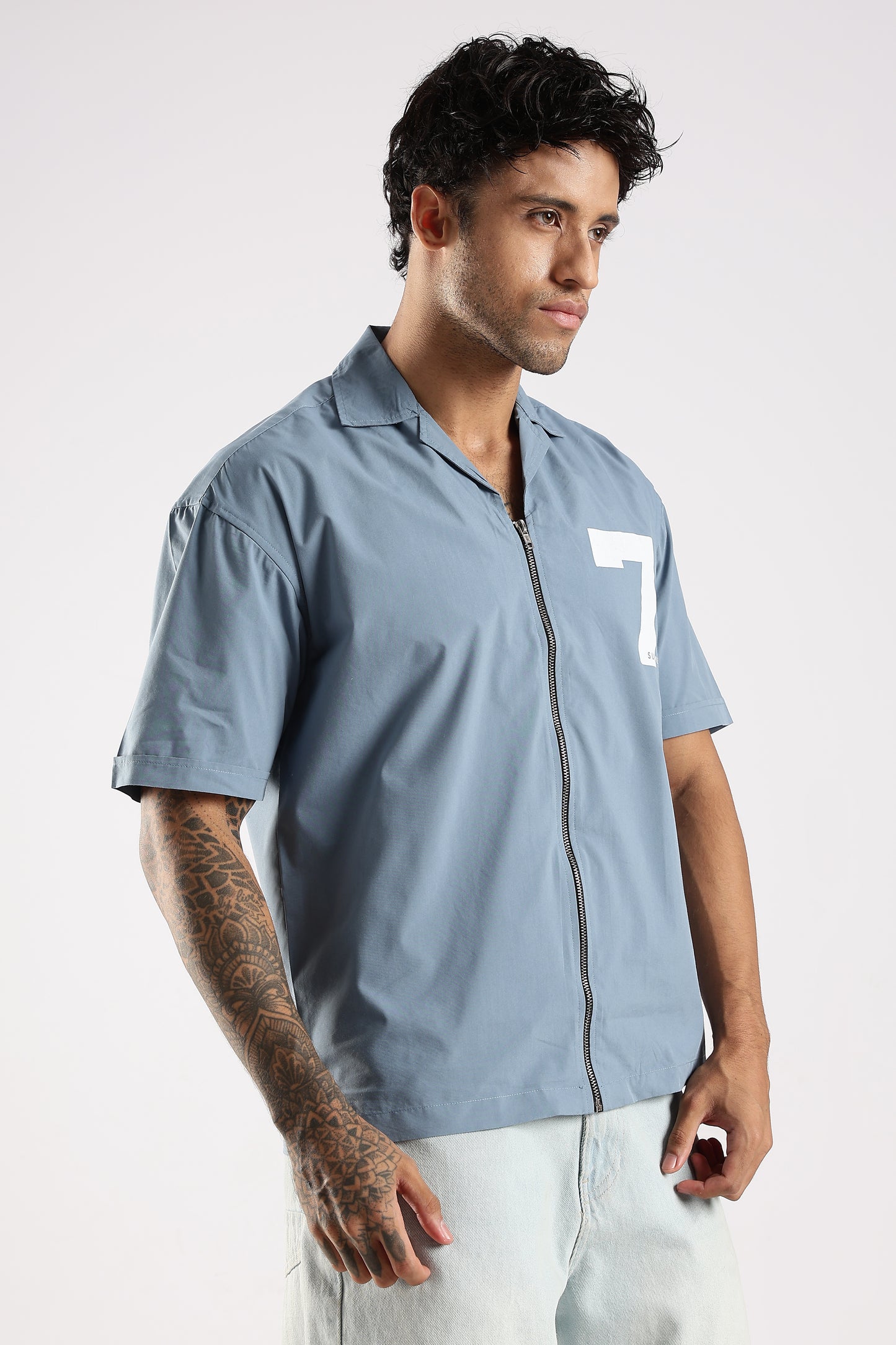 Poly Cotton Slim Fit Zip-Up Shirt Blue