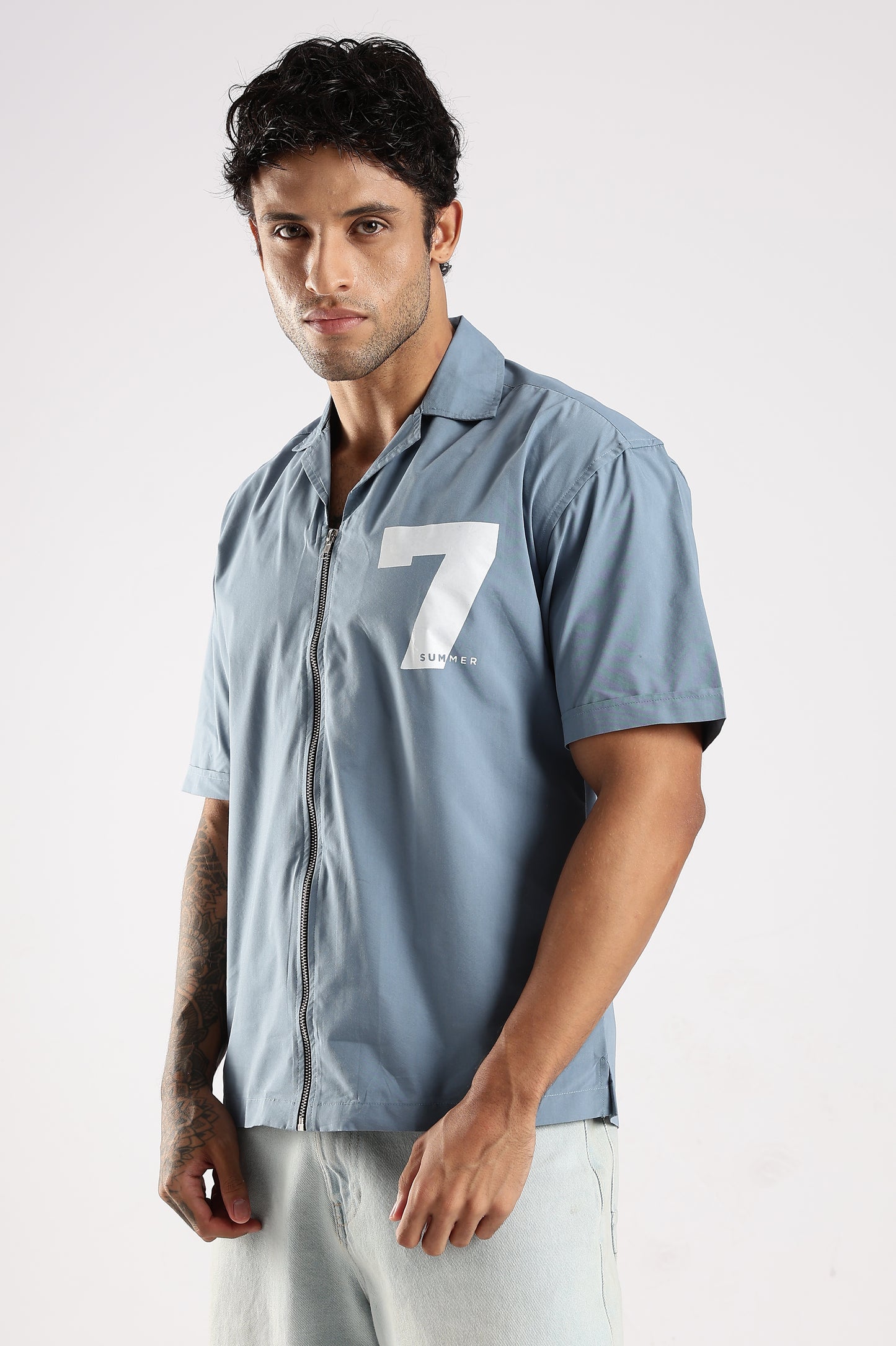 Poly Cotton Slim Fit Zip-Up Shirt Blue