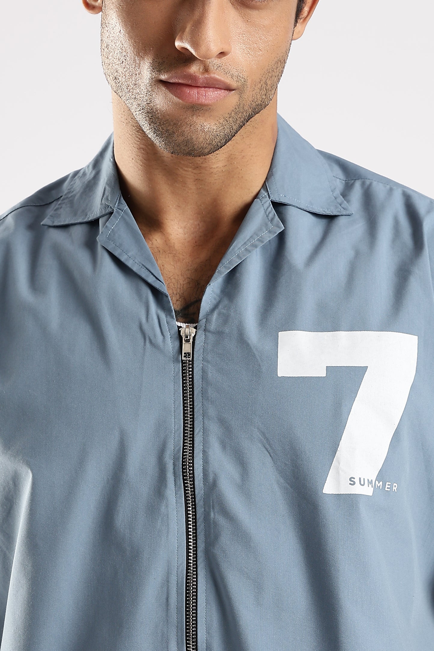 Poly Cotton Slim Fit Zip-Up Shirt Blue