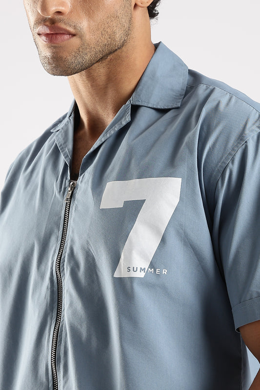 Poly Cotton Slim Fit Zip-Up Shirt Blue