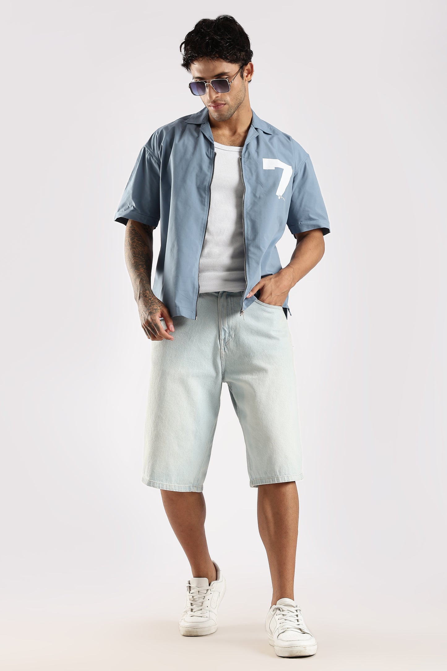Poly Cotton Slim Fit Zip-Up Shirt Blue