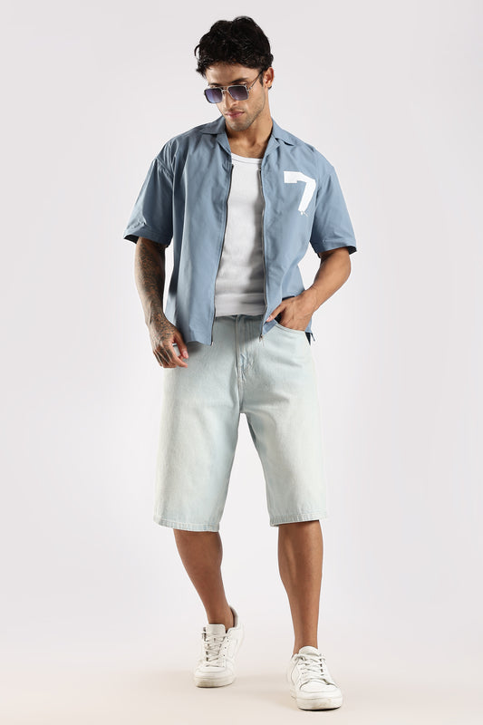 Cotton Slim Fit Zip-Up Shirt Blue