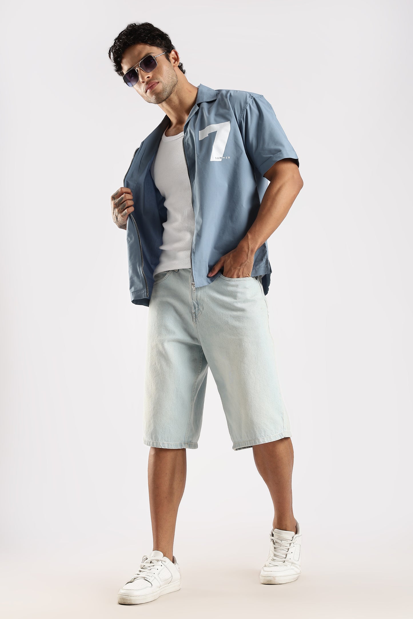 Poly Cotton Slim Fit Zip-Up Shirt Blue