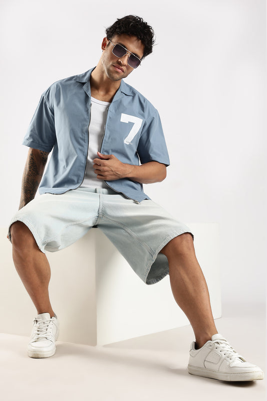 Poly Cotton Slim Fit Zip-Up Shirt Blue