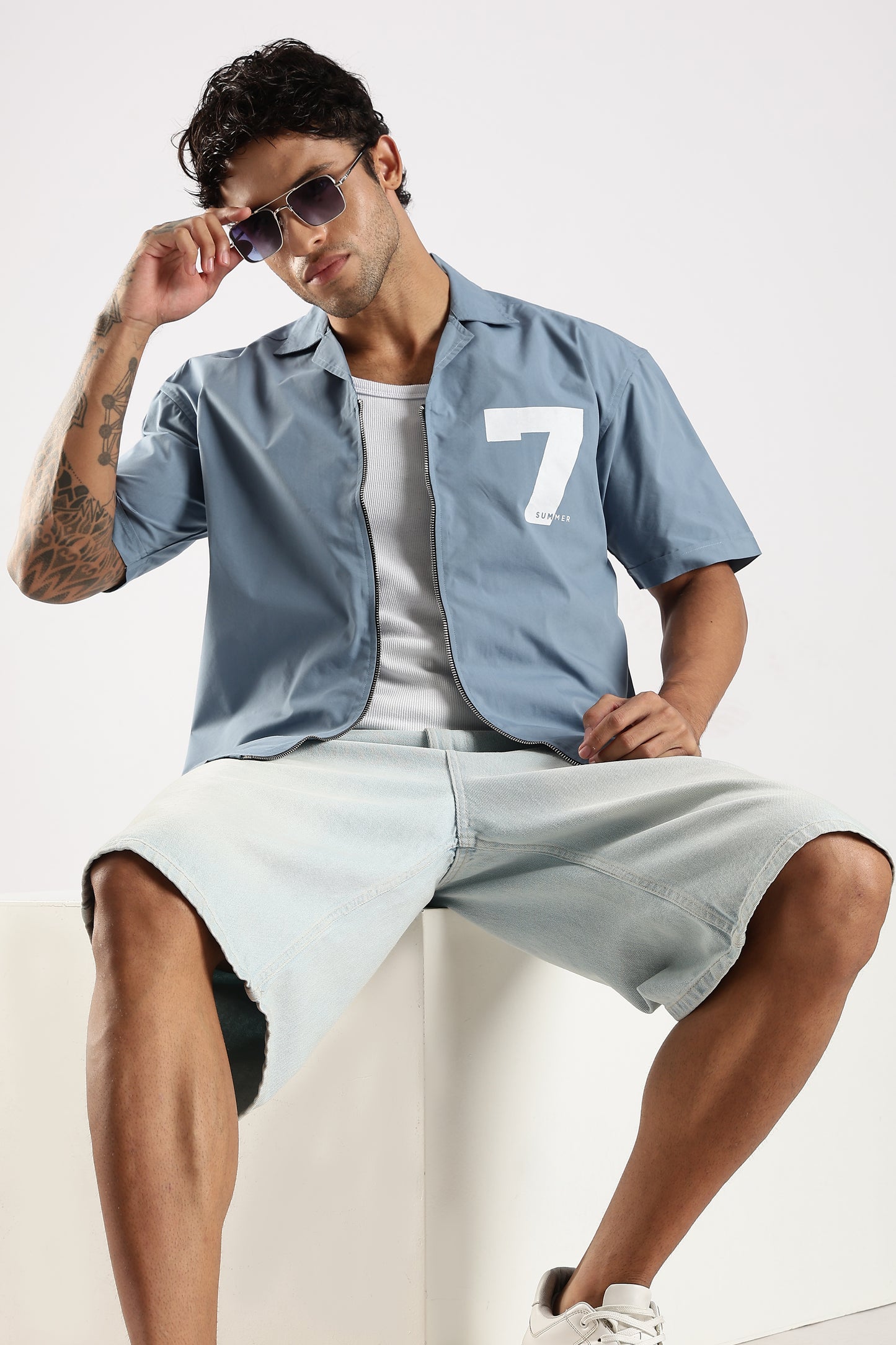 Poly Cotton Slim Fit Zip-Up Shirt Blue