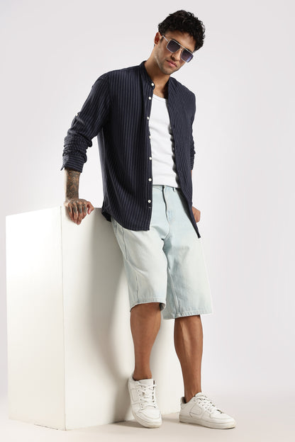 Linen Blend Slim Fit Striped Shirt Navy