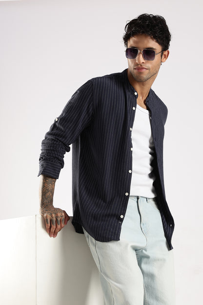 Linen Blend Slim Fit Striped Shirt Navy