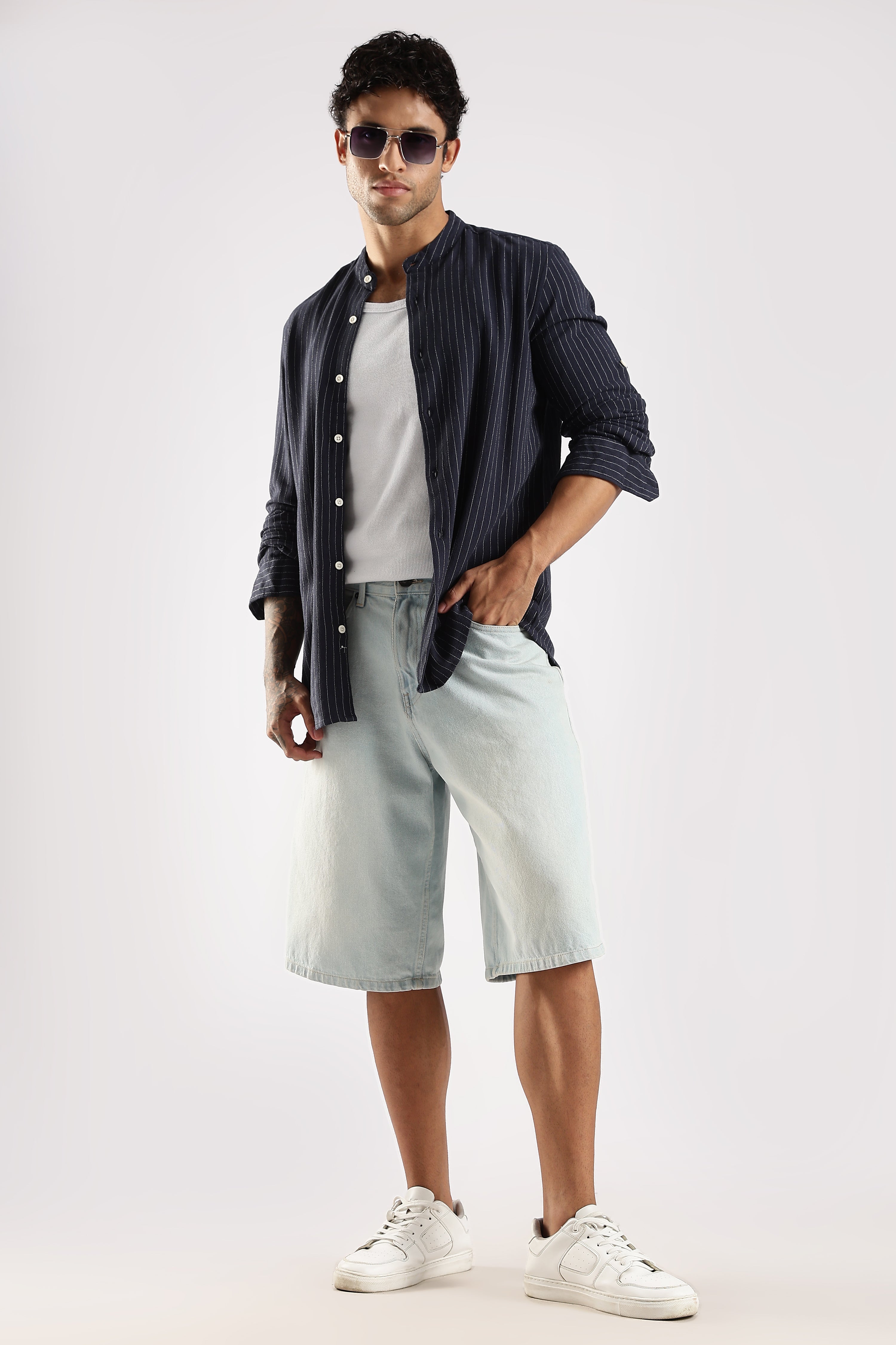 Linen Blend Slim Fit Striped Shirt Navy