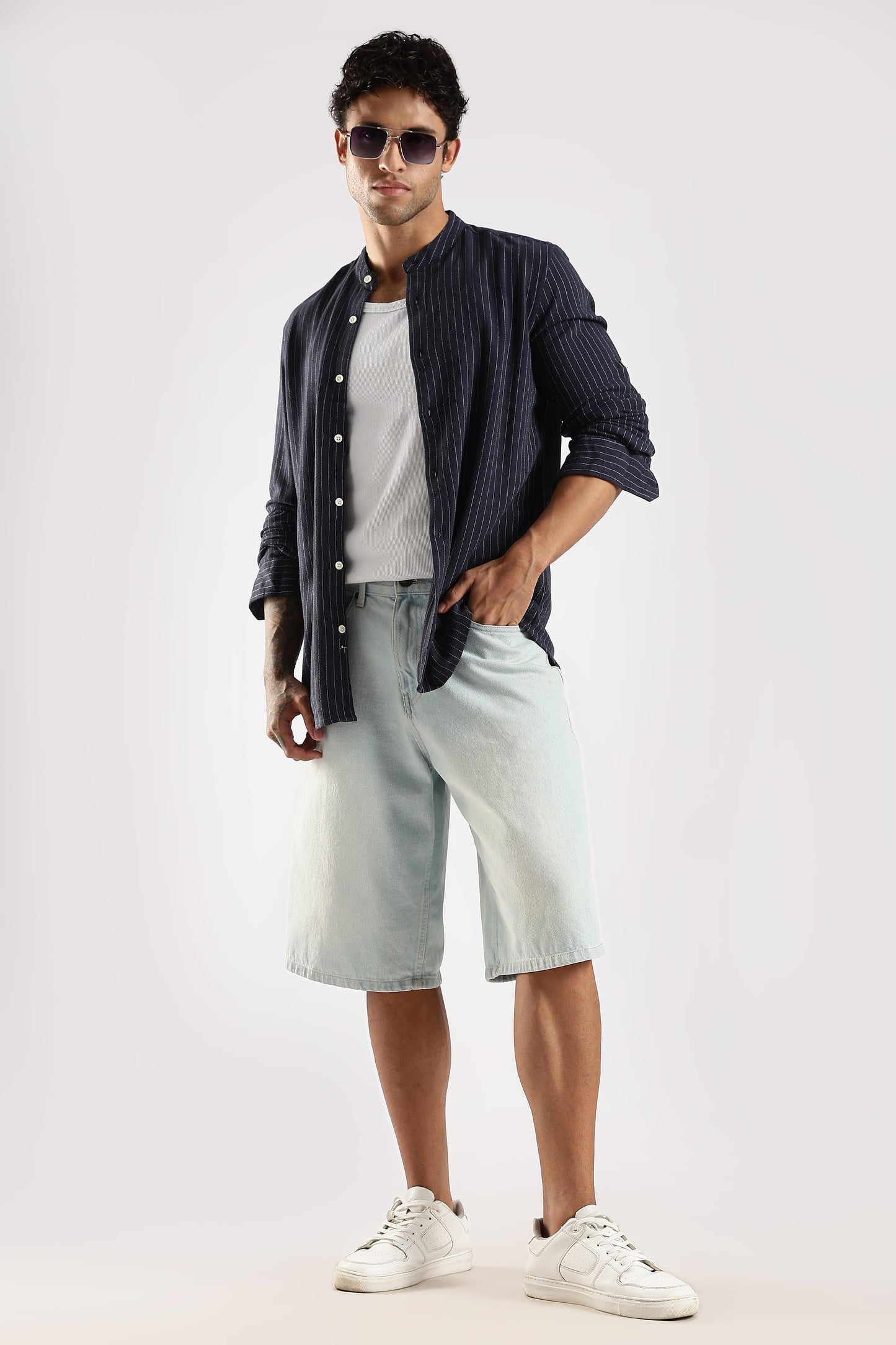 Linen Blend Slim Fit Striped Shirt Navy