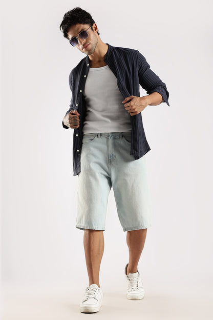 Linen Blend Slim Fit Striped Shirt Navy