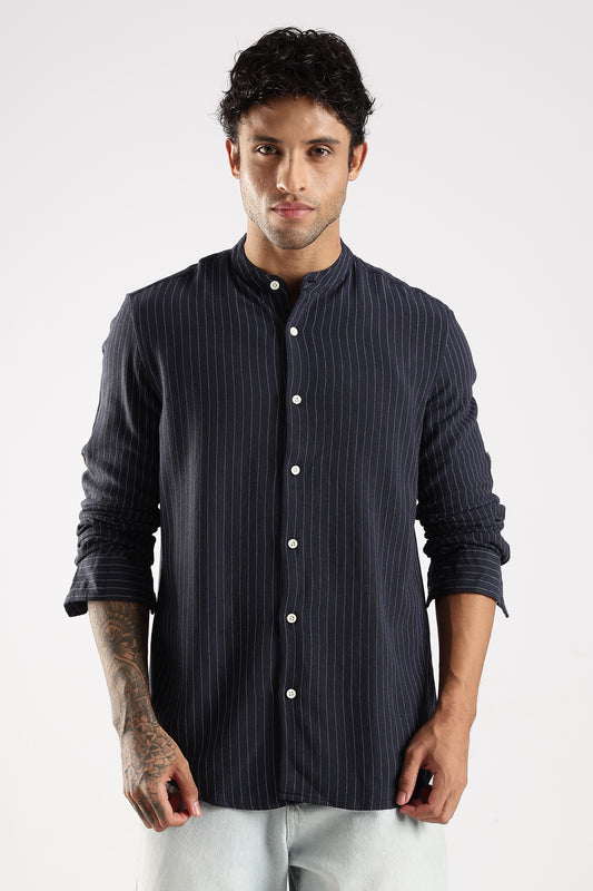 Linen Blend Slim Fit Striped Shirt Navy
