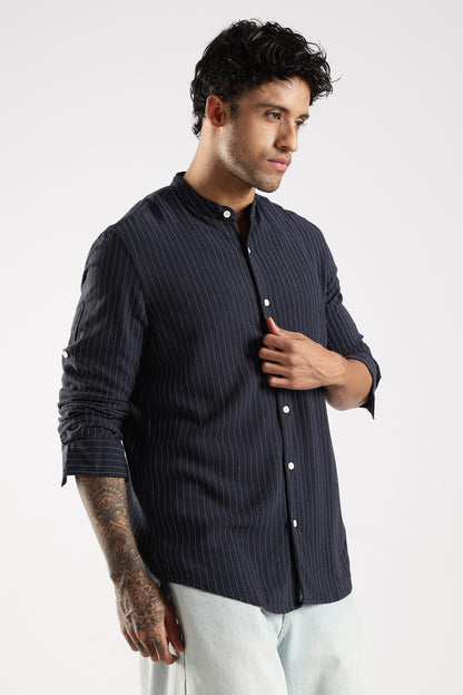 Linen Blend Slim Fit Striped Shirt Navy