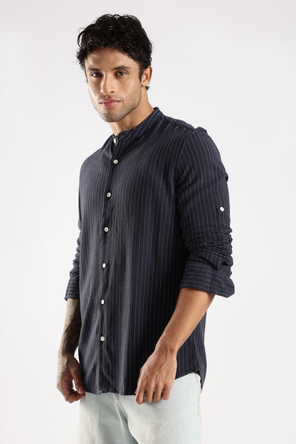 Linen Blend Slim Fit Striped Shirt Navy