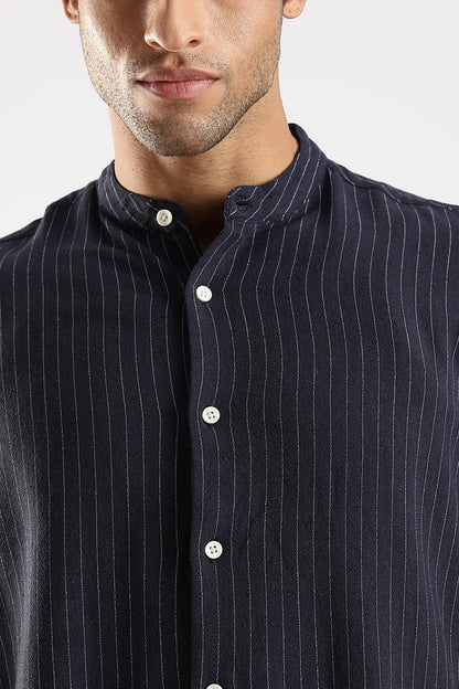Linen Blend Slim Fit Striped Shirt Navy