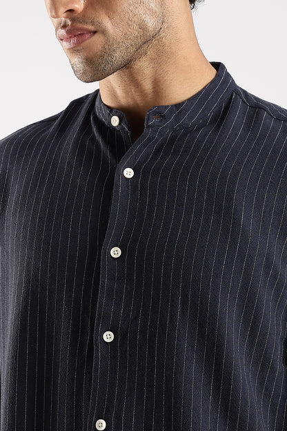 Linen Blend Slim Fit Striped Shirt Navy