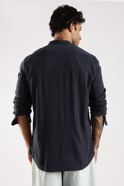 Linen Blend Slim Fit Striped Shirt Navy