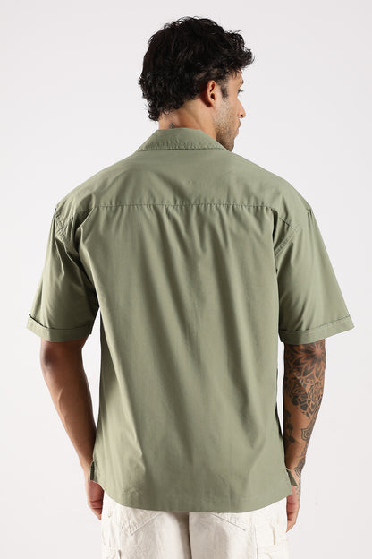 Cotton Slim Fit Zip-Up Shirt Green
