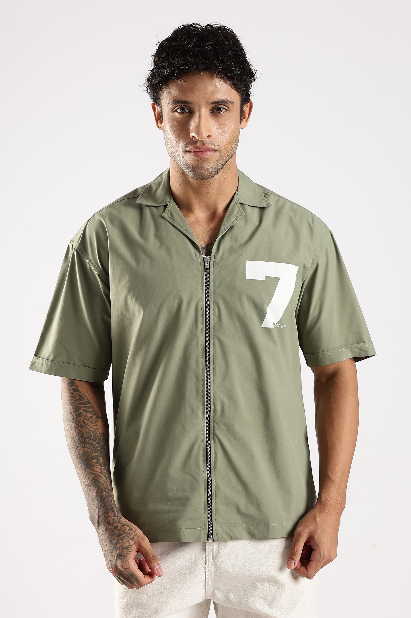 Poly Cotton Slim Fit Zip-Up Shirt Green