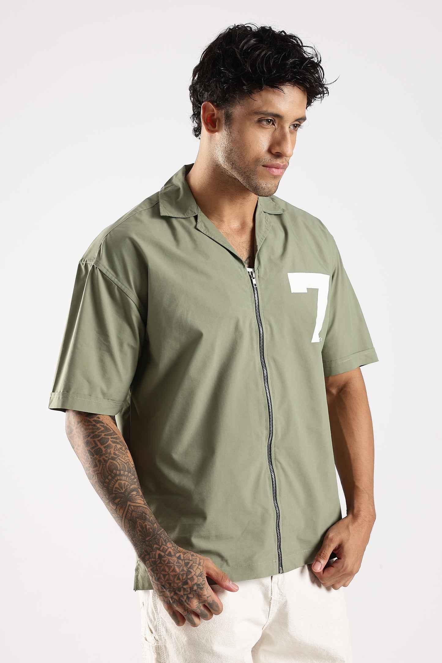 Poly Cotton Slim Fit Zip-Up Shirt Green