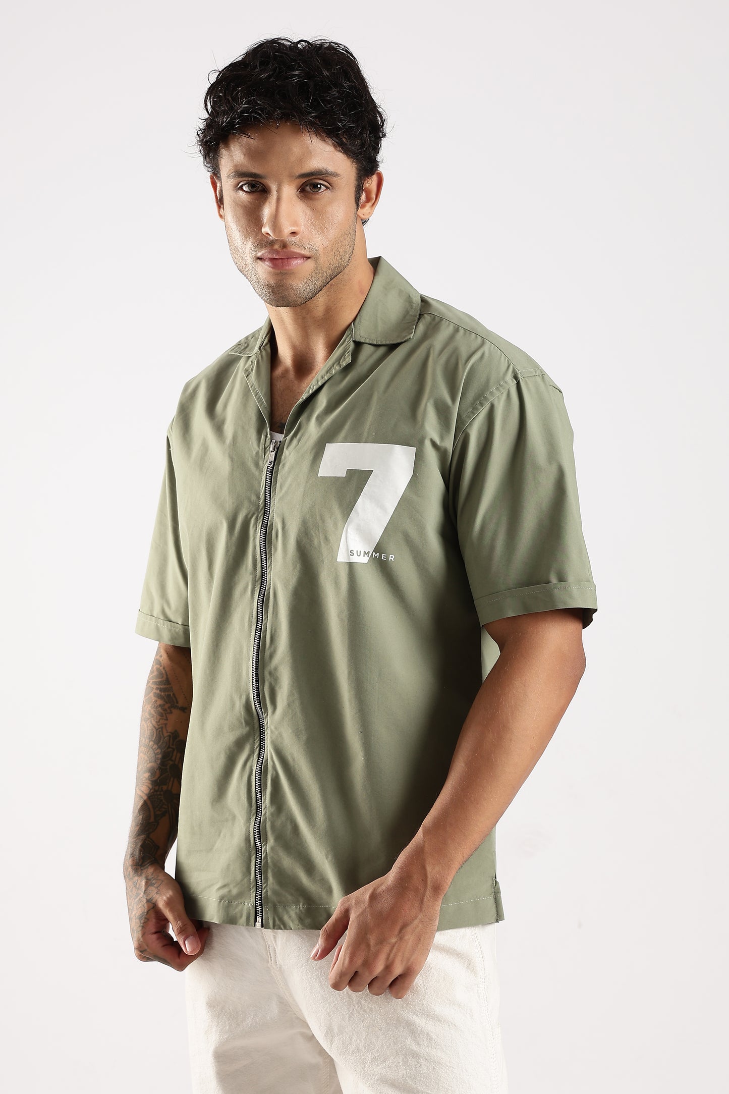 Poly Cotton Slim Fit Zip-Up Shirt Green