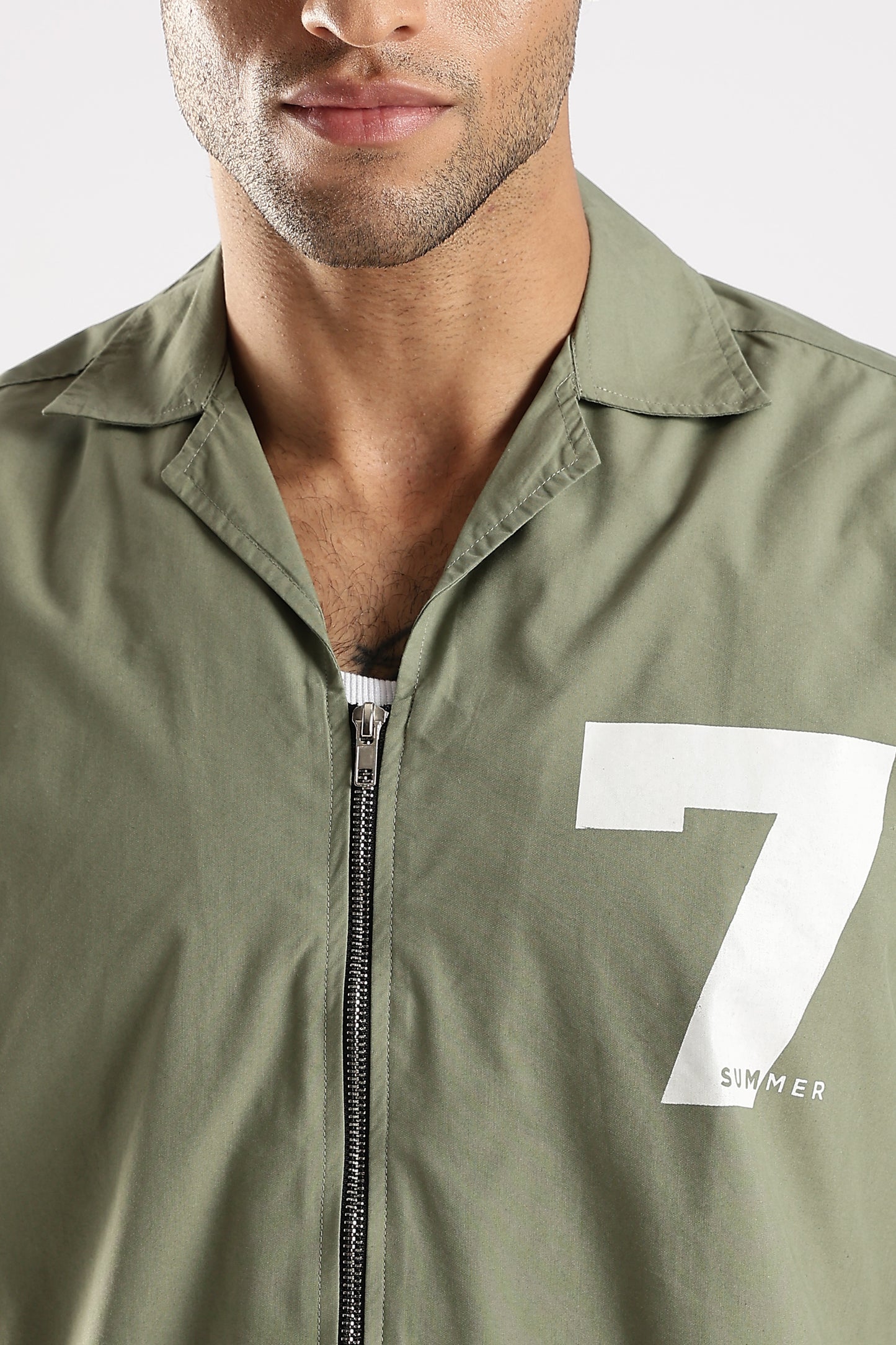 Poly Cotton Slim Fit Zip-Up Shirt Green