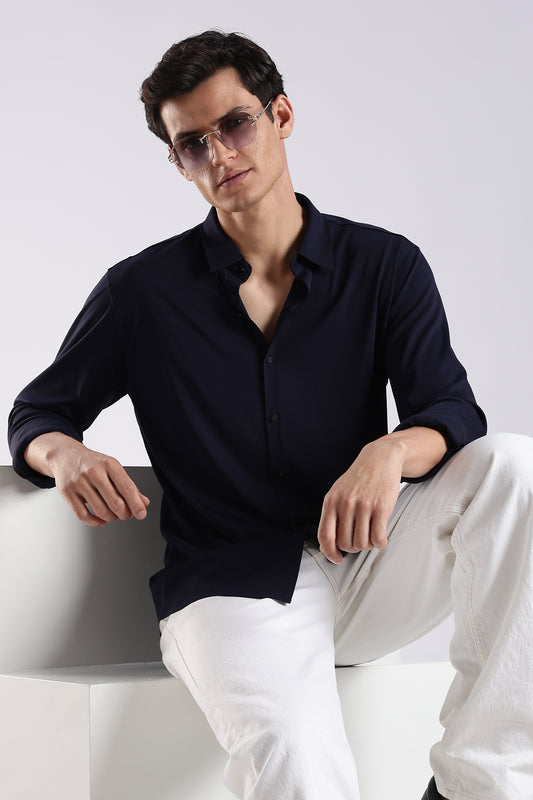 Knitted Tencel Stichless Finish Shirt Navy