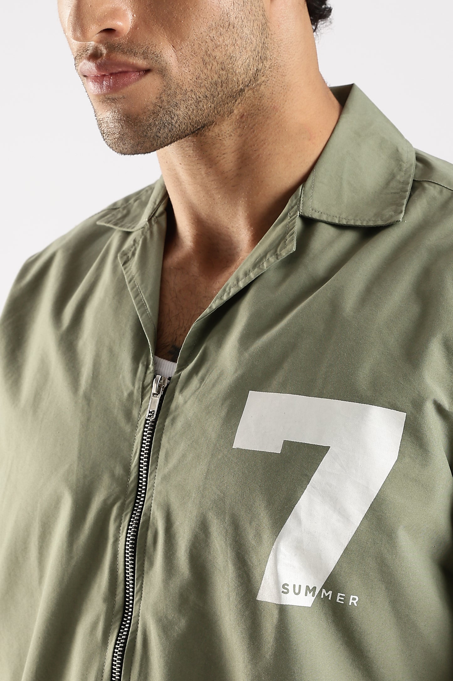 Poly Cotton Slim Fit Zip-Up Shirt Green