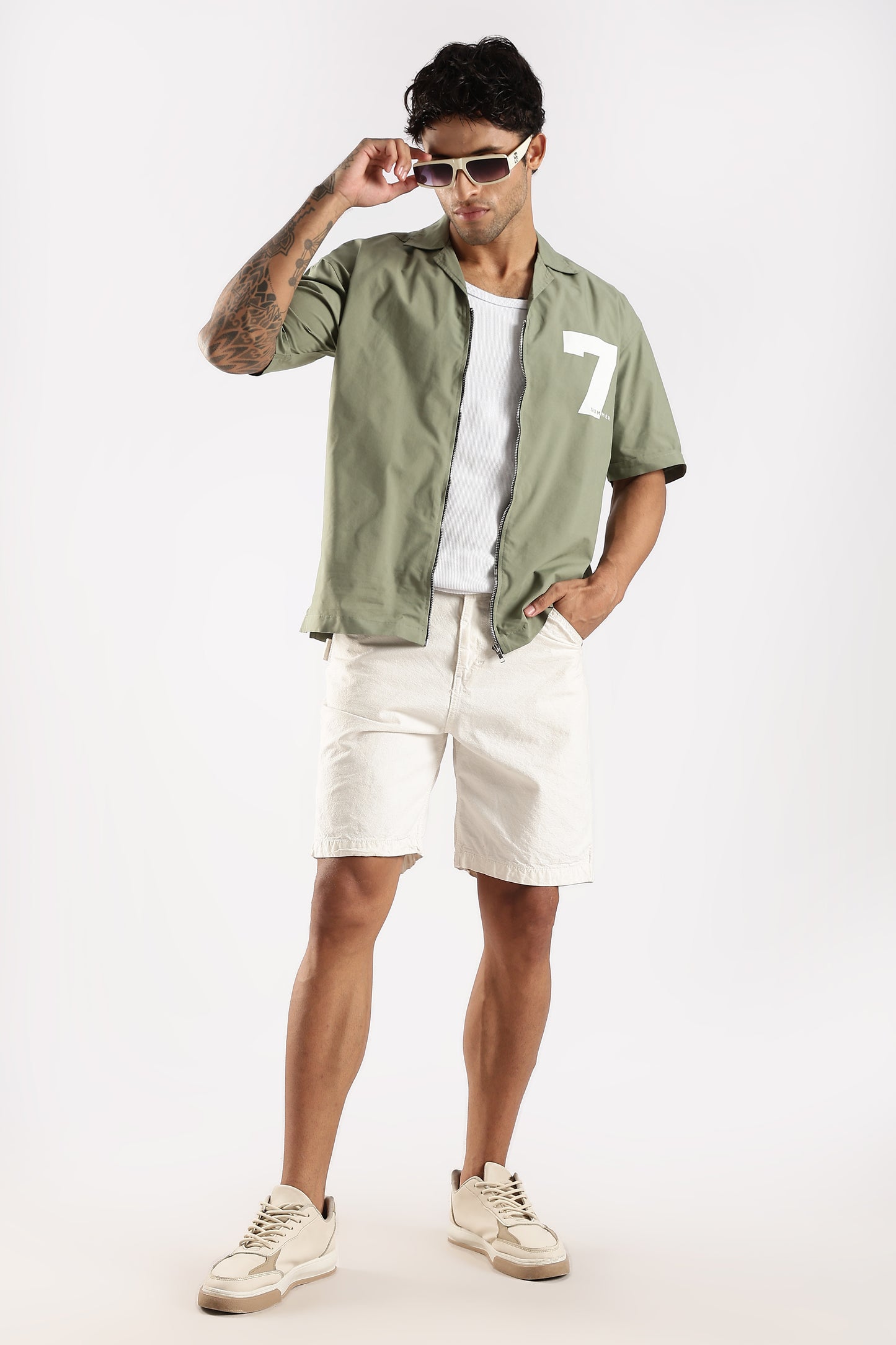 Poly Cotton Slim Fit Zip-Up Shirt Green